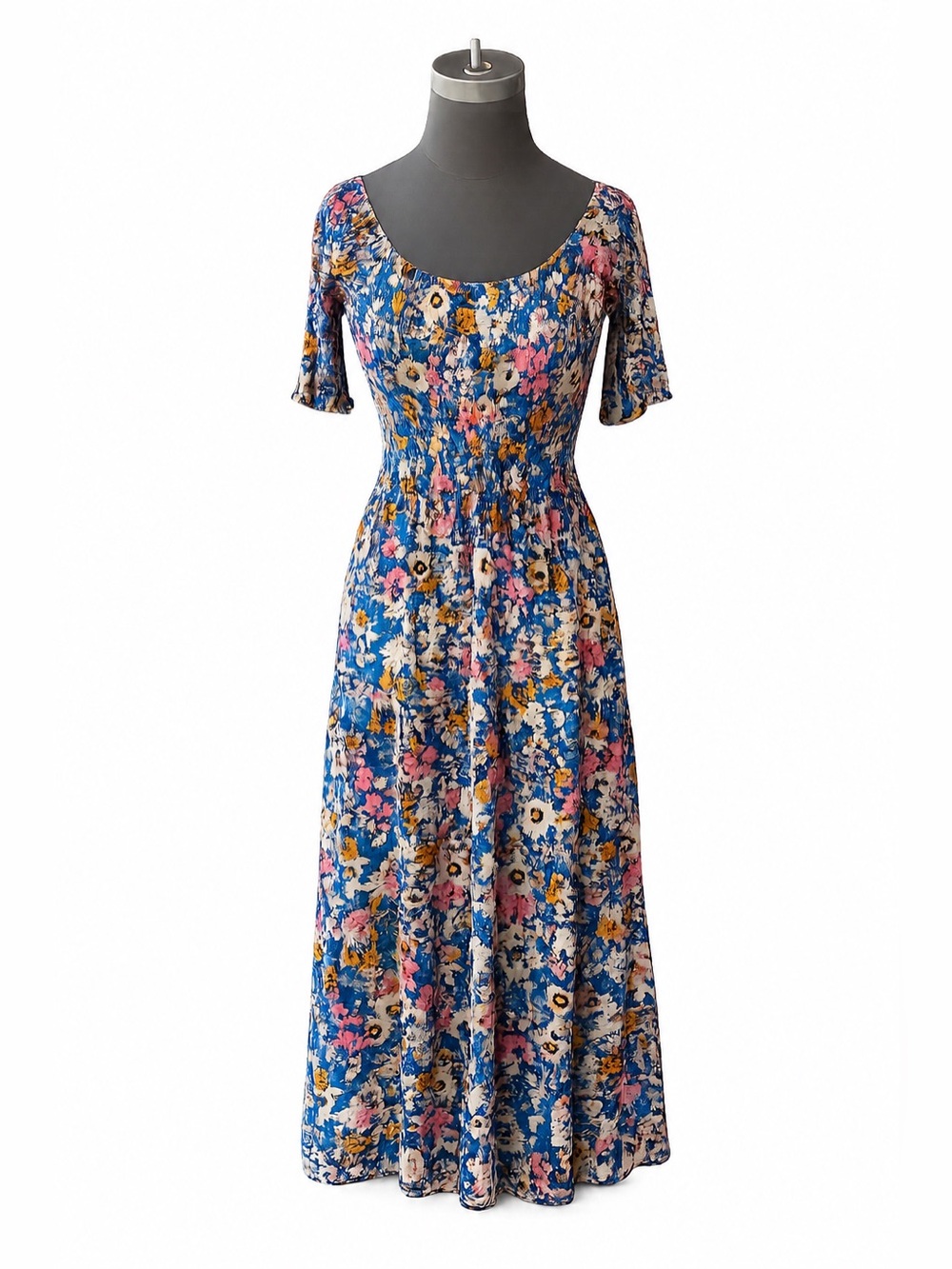 Natural Life Blue Floral Smocked Maxi Dress Extra Small Small Rayon - Picture 2 of 8
